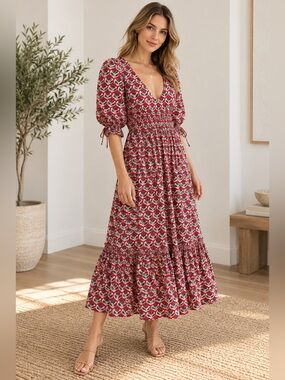 Eddy Hayley Red Floral Puff-Sleeve Maxi Dress with Smocked Waist
